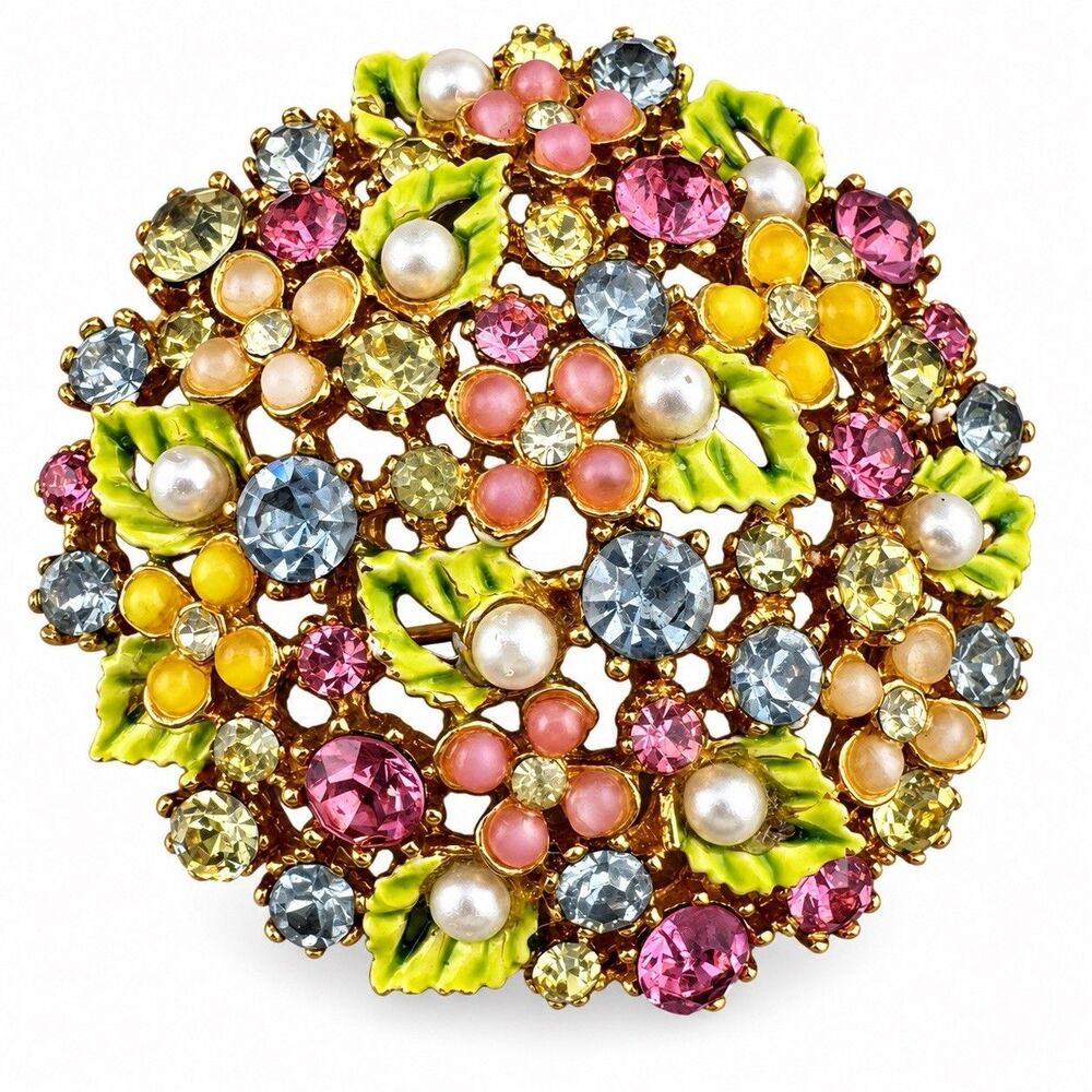 Vintage ART Arthur Pepper Brooch Rhinestone Enamel Pearl Floral Domed